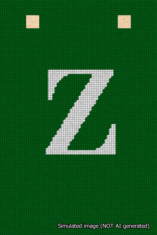 A simulated image of the stitched needlepoint design: Banner 18m Squared Z White on Green. Not A.I. generated.