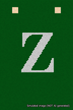 A simulated image of the stitched needlepoint design: Banner 18m Squared Z White on Green. Not A.I. generated.