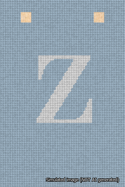 A simulated image of the stitched needlepoint design: Banner 18m Squared Z White on Light Blue. Not A.I. generated.