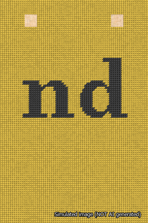 A simulated image of the stitched needlepoint design: Banner 18m Squared nd Black on Yellow. Not A.I. generated.