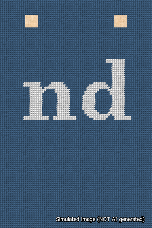A simulated image of the stitched needlepoint design: Banner 18m Squared nd White on Blue. Not A.I. generated.