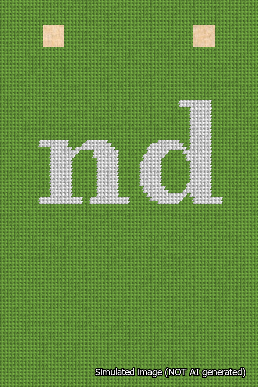 A simulated image of the stitched needlepoint design: Banner 18m Squared nd White on Light Green. Not A.I. generated.