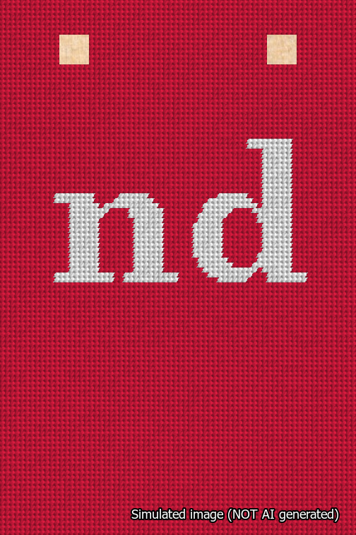 A simulated image of the stitched needlepoint design: Banner 18m Squared nd White on Red. Not A.I. generated.