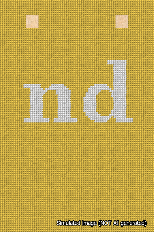 A simulated image of the stitched needlepoint design: Banner 18m Squared nd White on Yellow. Not A.I. generated.