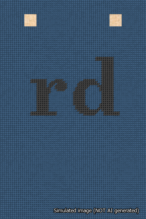A simulated image of the stitched needlepoint design: Banner 18m Squared rd Black on Blue. Not A.I. generated.