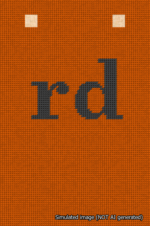 A simulated image of the stitched needlepoint design: Banner 18m Squared rd Black on Orange. Not A.I. generated.