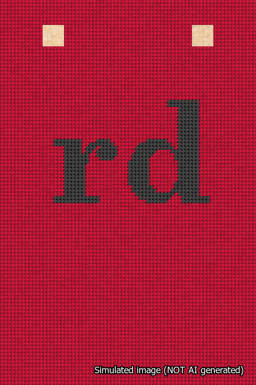 A simulated image of the stitched needlepoint design: Banner 18m Squared rd Black on Red. Not A.I. generated.