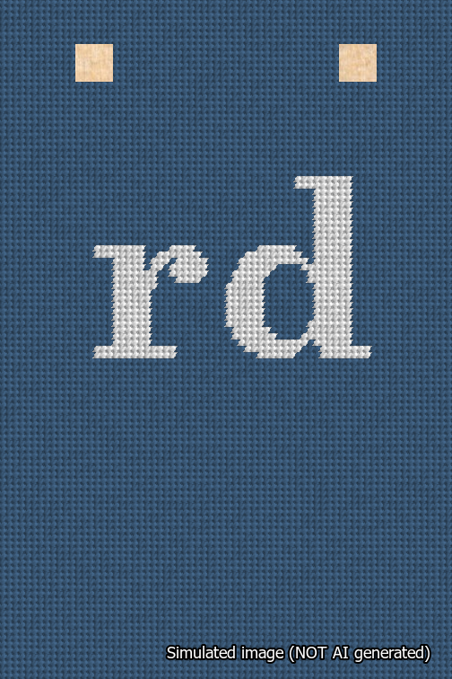 A simulated image of the stitched needlepoint design: Banner 18m Squared rd White on Blue. Not A.I. generated.