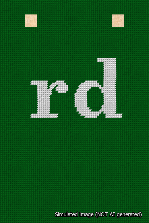 A simulated image of the stitched needlepoint design: Banner 18m Squared rd White on Green. Not A.I. generated.