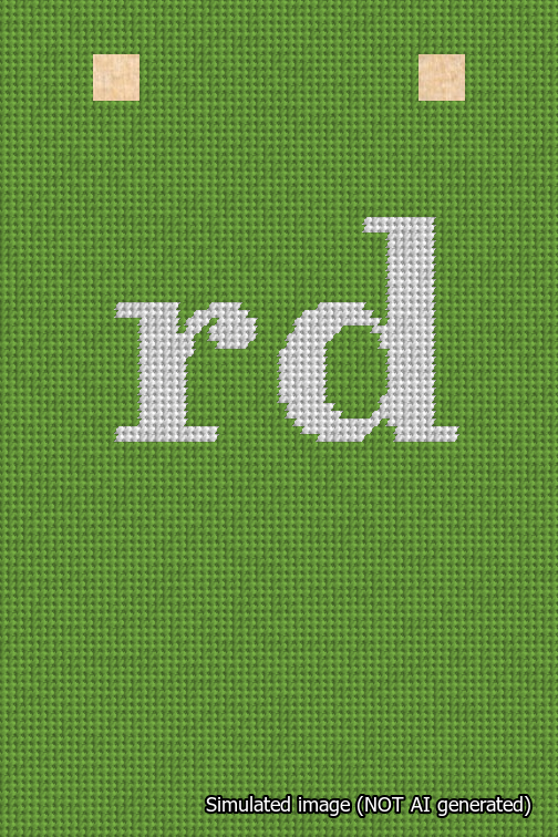 A simulated image of the stitched needlepoint design: Banner 18m Squared rd White on Light Green. Not A.I. generated.