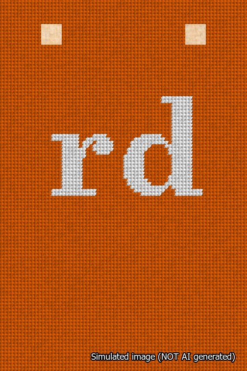 A simulated image of the stitched needlepoint design: Banner 18m Squared rd White on Orange. Not A.I. generated.