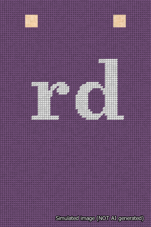 A simulated image of the stitched needlepoint design: Banner 18m Squared rd White on Purple. Not A.I. generated.