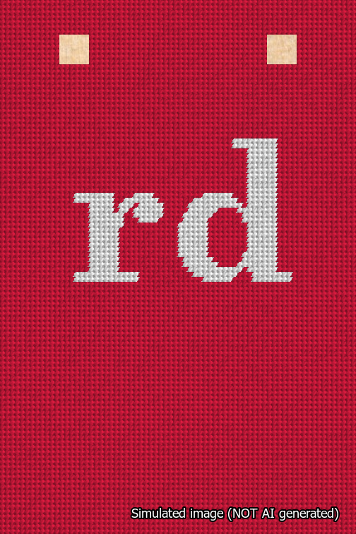 A simulated image of the stitched needlepoint design: Banner 18m Squared rd White on Red. Not A.I. generated.