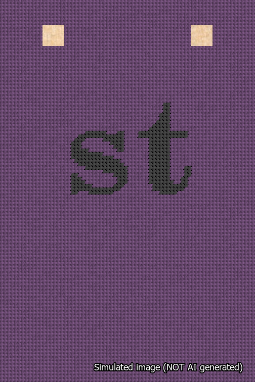 A simulated image of the stitched needlepoint design: Banner 18m Squared st Black on Purple. Not A.I. generated.