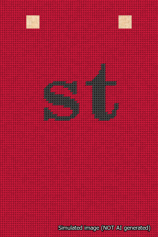 A simulated image of the stitched needlepoint design: Banner 18m Squared st Black on Red. Not A.I. generated.