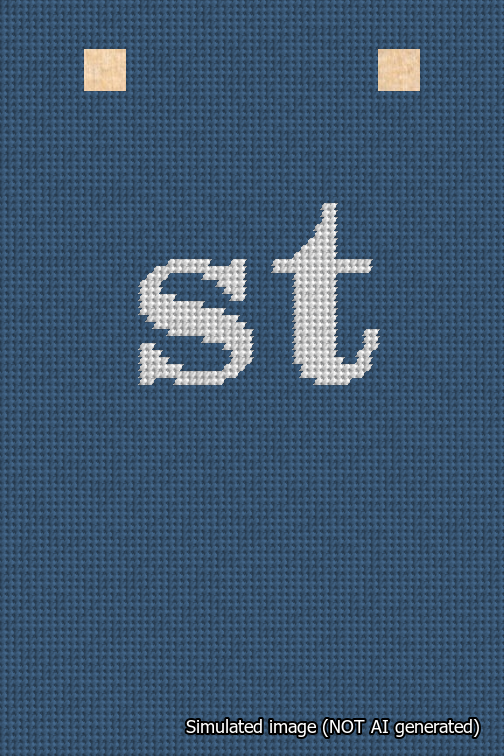 A simulated image of the stitched needlepoint design: Banner 18m Squared st White on Blue. Not A.I. generated.