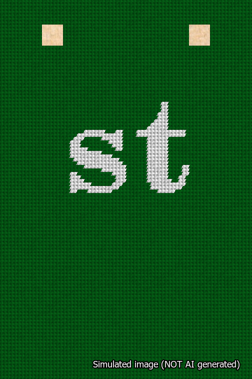 A simulated image of the stitched needlepoint design: Banner 18m Squared st White on Green. Not A.I. generated.