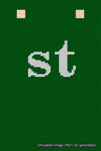 A simulated image of the stitched needlepoint design: Banner 18m Squared st White on Green. Not A.I. generated.