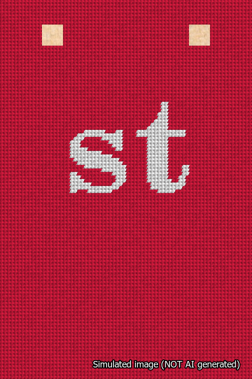 A simulated image of the stitched needlepoint design: Banner 18m Squared st White on Red. Not A.I. generated.