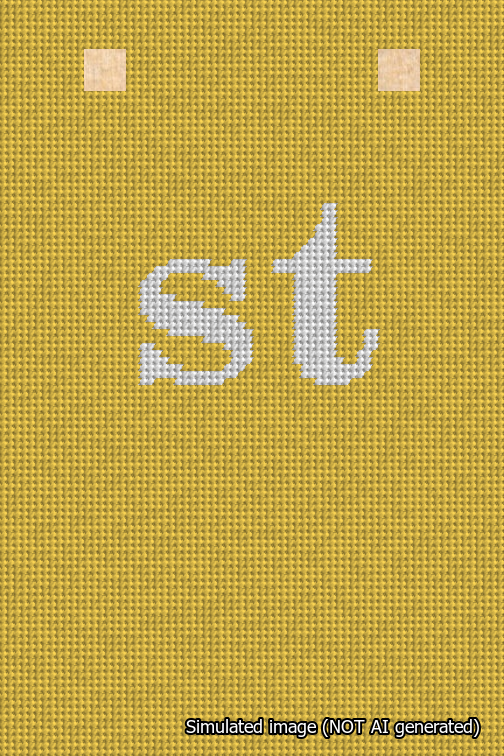 A simulated image of the stitched needlepoint design: Banner 18m Squared st White on Yellow. Not A.I. generated.