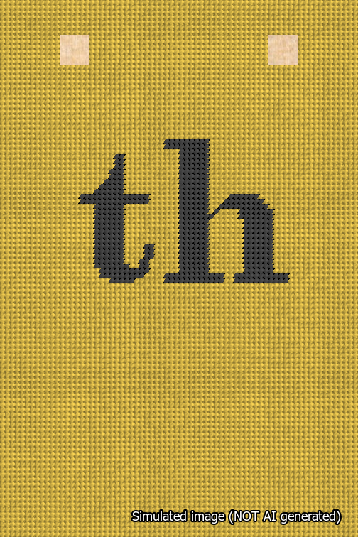 A simulated image of the stitched needlepoint design: Banner 18m Squared th Black on Yellow. Not A.I. generated.