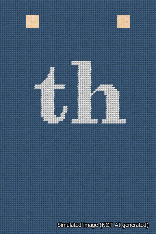 A simulated image of the stitched needlepoint design: Banner 18m Squared th White on Blue. Not A.I. generated.