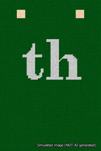 A simulated image of the stitched needlepoint design: Banner 18m Squared th White on Green. Not A.I. generated.