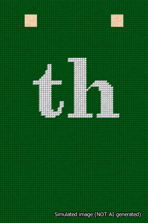 A simulated image of the stitched needlepoint design: Banner 18m Squared th White on Green. Not A.I. generated.