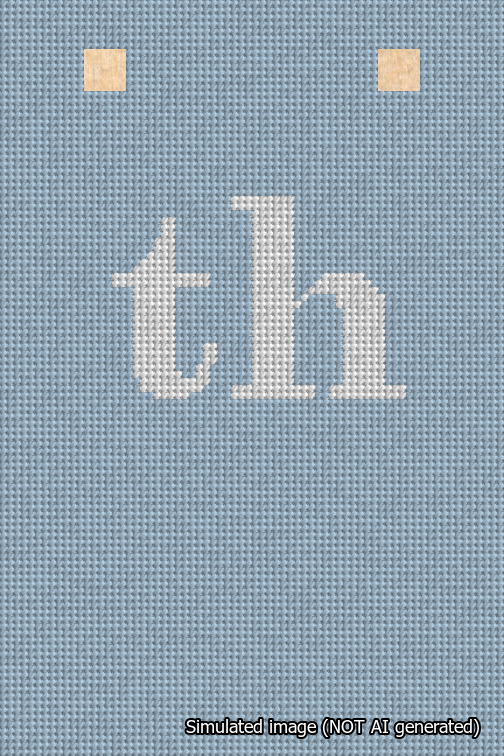 A simulated image of the stitched needlepoint design: Banner 18m Squared th White on Light Blue. Not A.I. generated.