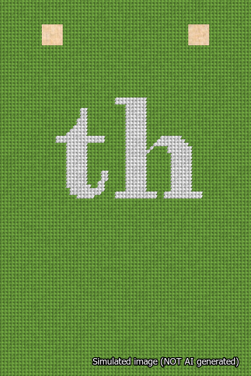 A simulated image of the stitched needlepoint design: Banner 18m Squared th White on Light Green. Not A.I. generated.
