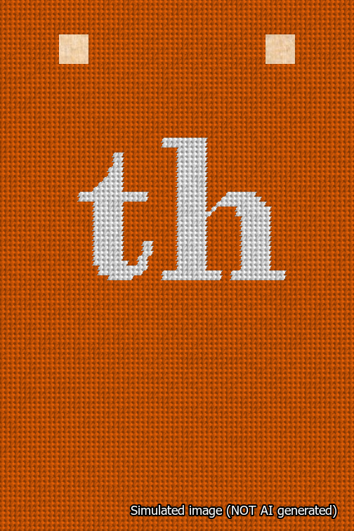 A simulated image of the stitched needlepoint design: Banner 18m Squared th White on Orange. Not A.I. generated.