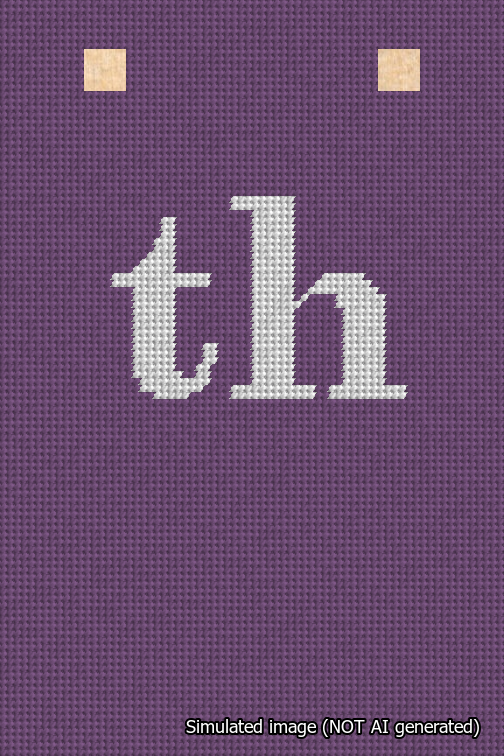A simulated image of the stitched needlepoint design: Banner 18m Squared th White on Purple. Not A.I. generated.