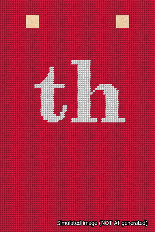 A simulated image of the stitched needlepoint design: Banner 18m Squared th White on Red. Not A.I. generated.