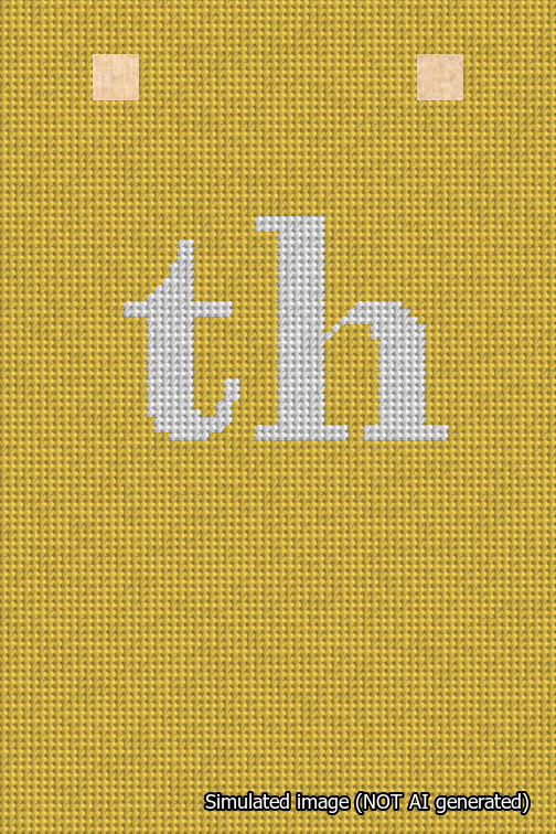 A simulated image of the stitched needlepoint design: Banner 18m Squared th White on Yellow. Not A.I. generated.
