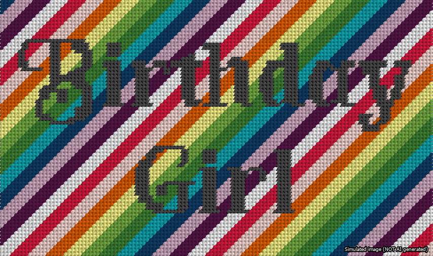 A simulated image of the stitched needlepoint design: Birthday Girl Bag Insert Black on Rainbow. Not A.I. generated.