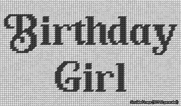 A simulated image of the stitched needlepoint design: Birthday Girl Bag Insert Black on White. Not A.I. generated.