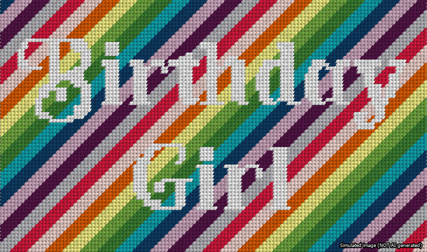 A simulated image of the stitched needlepoint design: Birthday Girl Bag Insert White on Rainbow. Not A.I. generated.