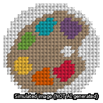A simulated image of the stitched needlepoint design: Circle Art Palette. Not A.I. generated.