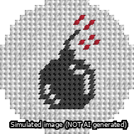A simulated image of the stitched needlepoint design: Circle Bomb. Not A.I. generated.