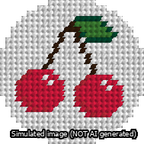 A simulated image of the stitched needlepoint design: Circle Cherries. Not A.I. generated.