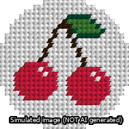 A simulated image of the stitched needlepoint design: Circle Cherries. Not A.I. generated.