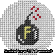 A simulated image of the stitched needlepoint design: Circle F-Bomb. Not A.I. generated.