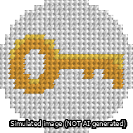 A simulated image of the stitched needlepoint design: Circle Gold Key. Not A.I. generated.