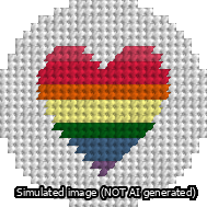 A simulated image of the stitched needlepoint design: Circle Heart Rainbow. Not A.I. generated.