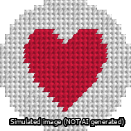 A simulated image of the stitched needlepoint design: Circle Heart Red. Not A.I. generated.