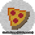 A simulated image of the stitched needlepoint design: Circle Pepperoni Pizza Slice. Not A.I. generated.