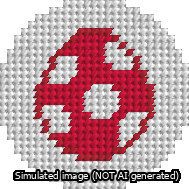 A simulated image of the stitched needlepoint design: Circle Red Yoshi Egg. Not A.I. generated.