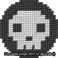 A simulated image of the stitched needlepoint design: Circle Skull White on Black. Not A.I. generated.