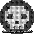 A simulated image of the stitched needlepoint design: Circle Skull White on Black. Not A.I. generated.
