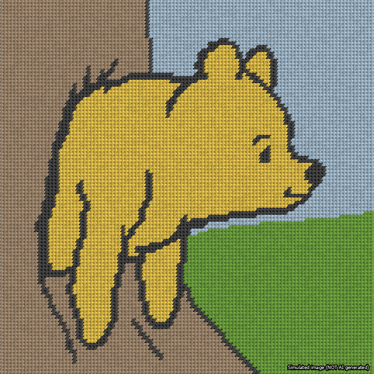 A simulated image of the stitched needlepoint design: Classic Winnie-the-Pooh Stuck Face Out Color Background. Not A.I. generated.